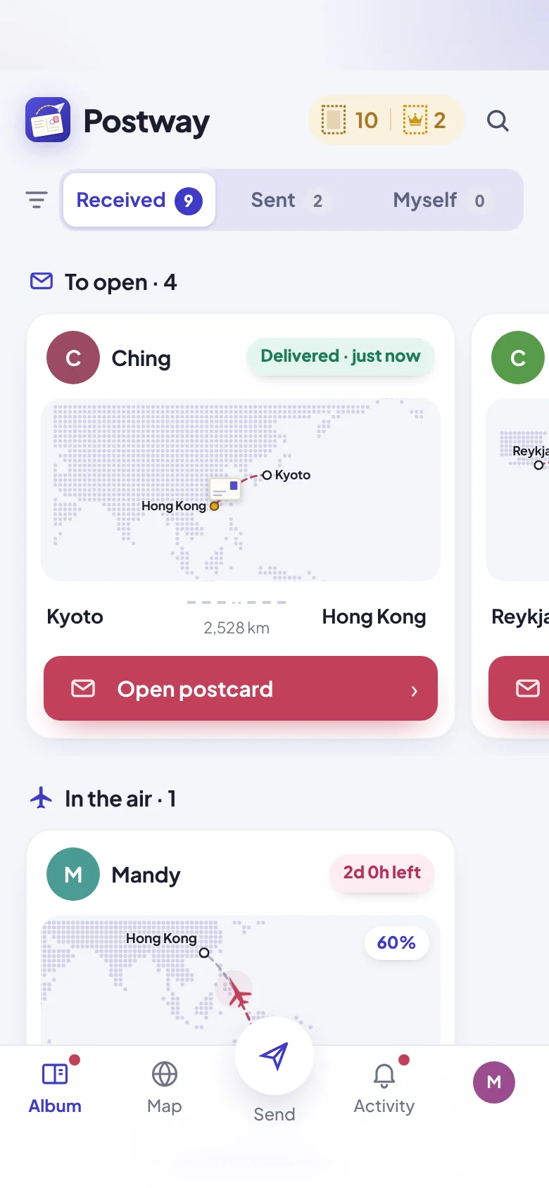 The Postway home screen, with postcards to open and one in the air
