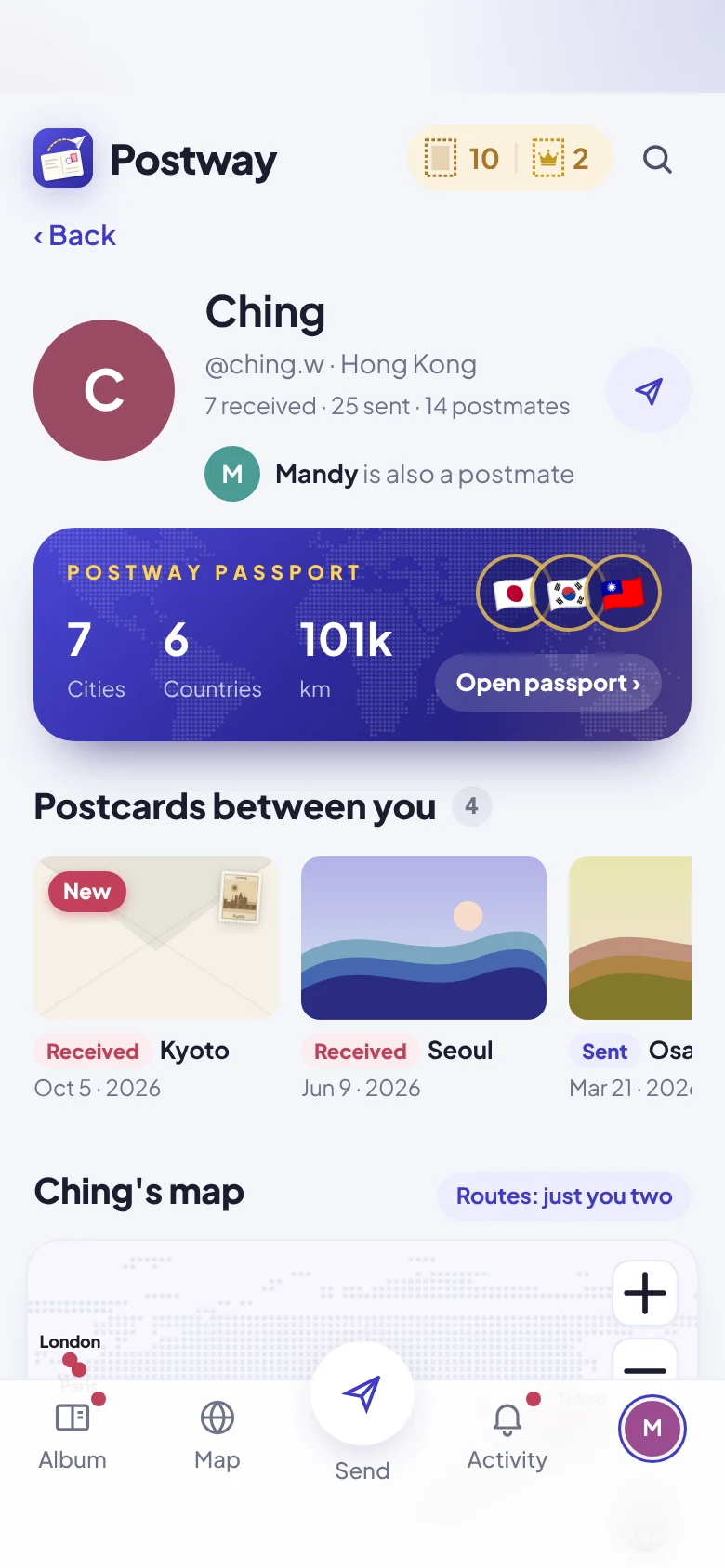 A postmate's profile, with their passport, your postcards together and their map